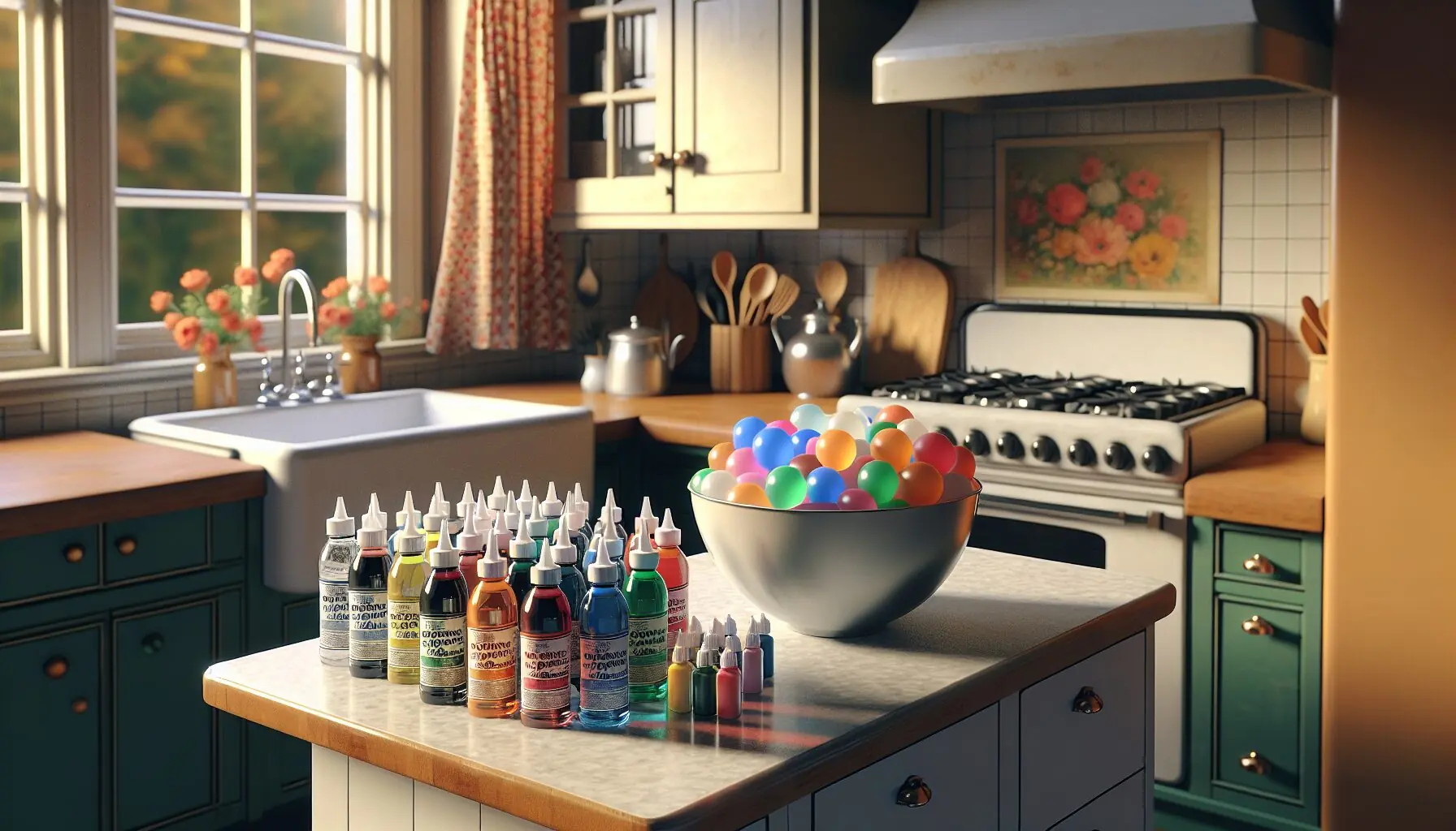 Generate an image of various food coloring bottles next to a bowl with water balloons, set on a kitchen countertop.