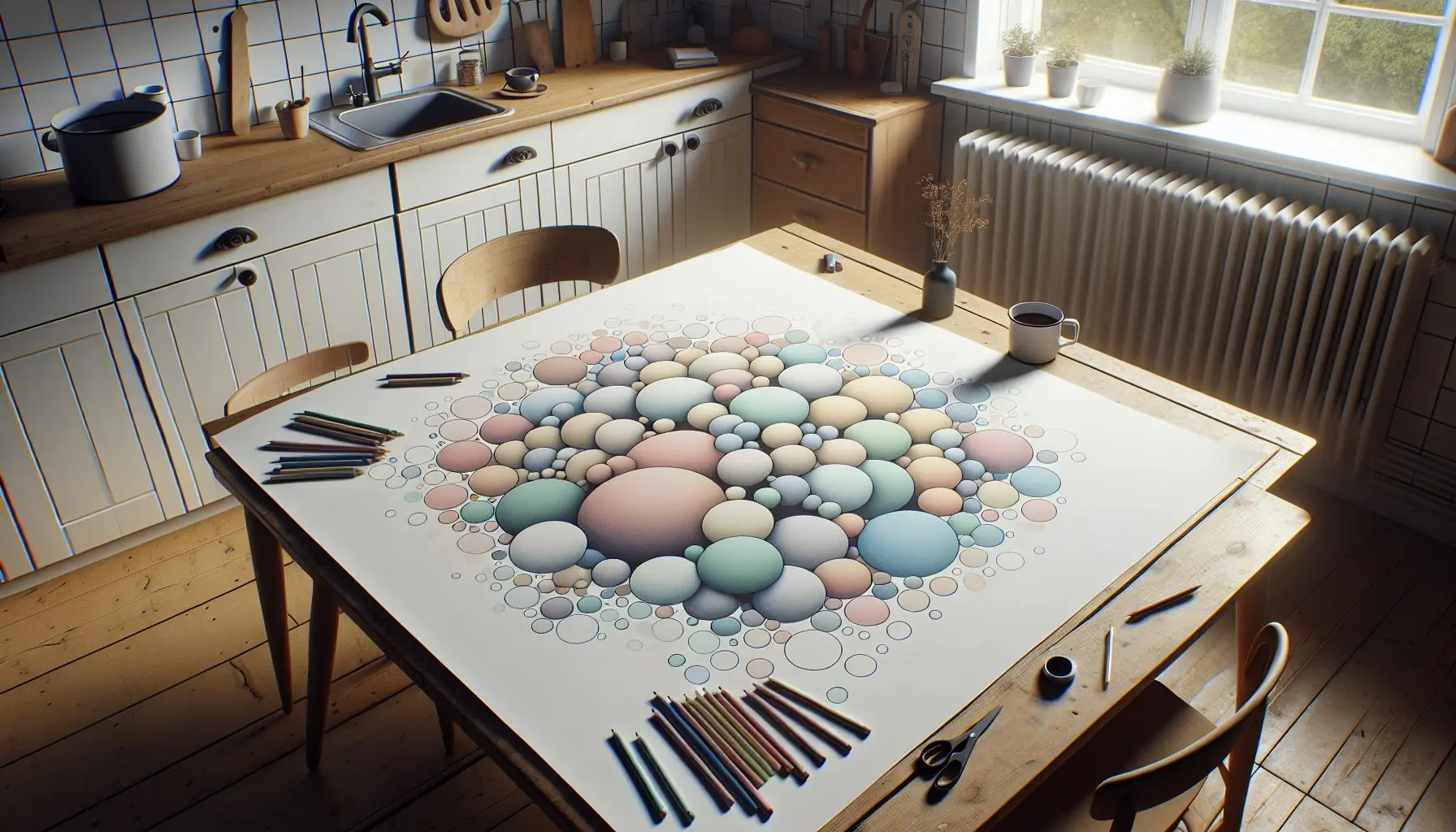 Generate an image of a whimsical sketch of overlapping circles in pastel colors representing personal space bubbles.