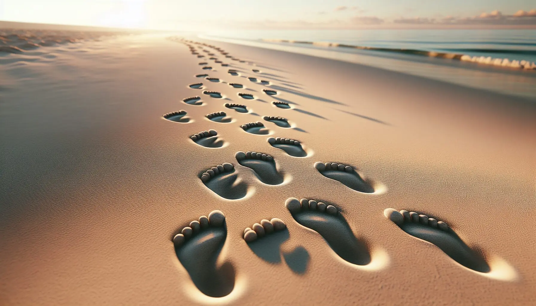 Generate an image of a thoughtful collection of footprints in the sand, representing small steps of growth.