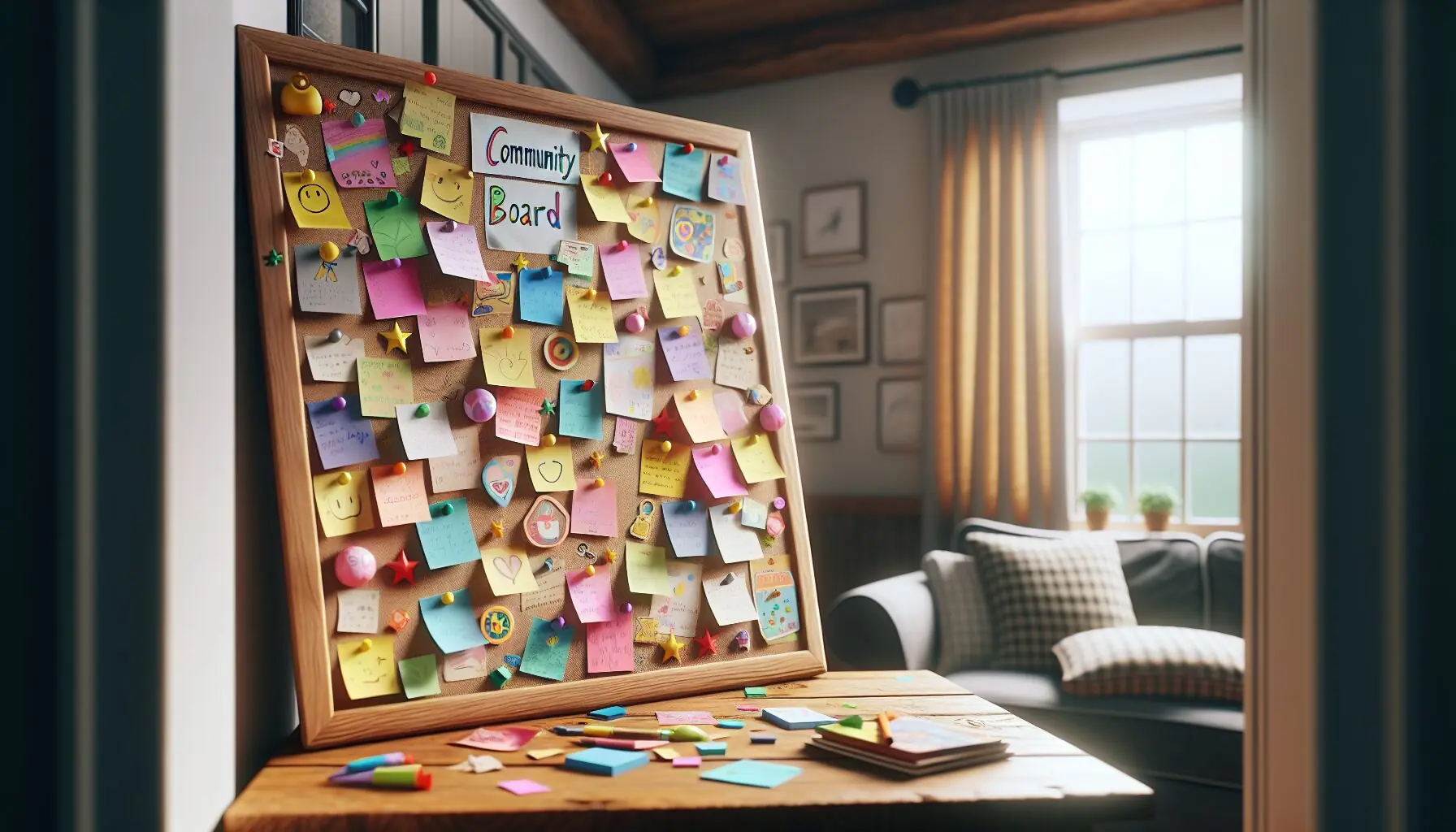 Generate an image of a joyful community board with sticky notes, playful drawings, and symbols of achievement.