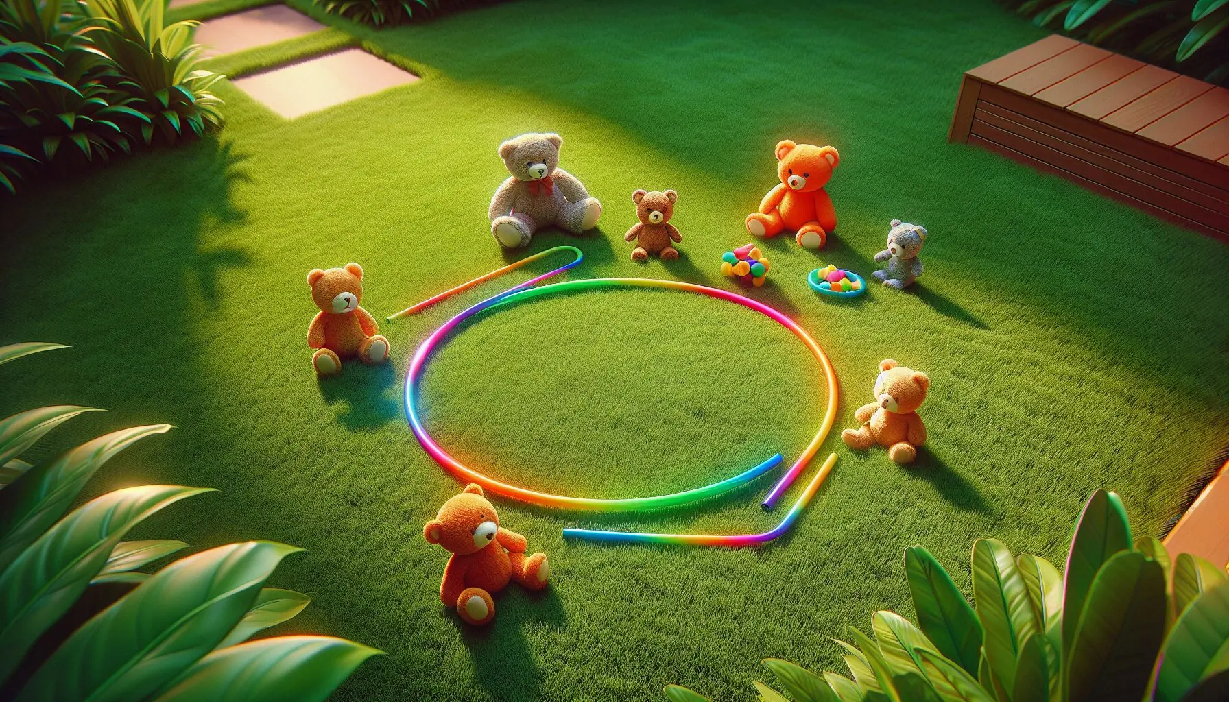 Generate an image of a colorful hula hoop and a few plush toys sitting on a green grassy area.