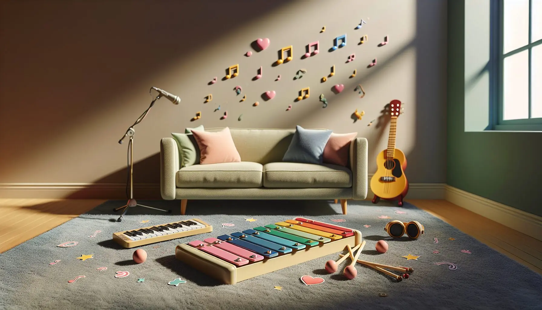 Generate an image of a xylophone and keyboard surrounded by playful music-themed stickers.