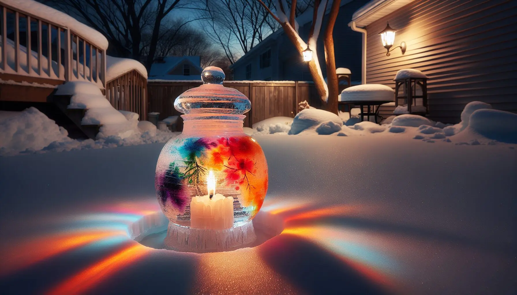 Generate an image of a cozy corner with colorful ice lanterns on display, casting soft, multicolored light on the snow or room setting.