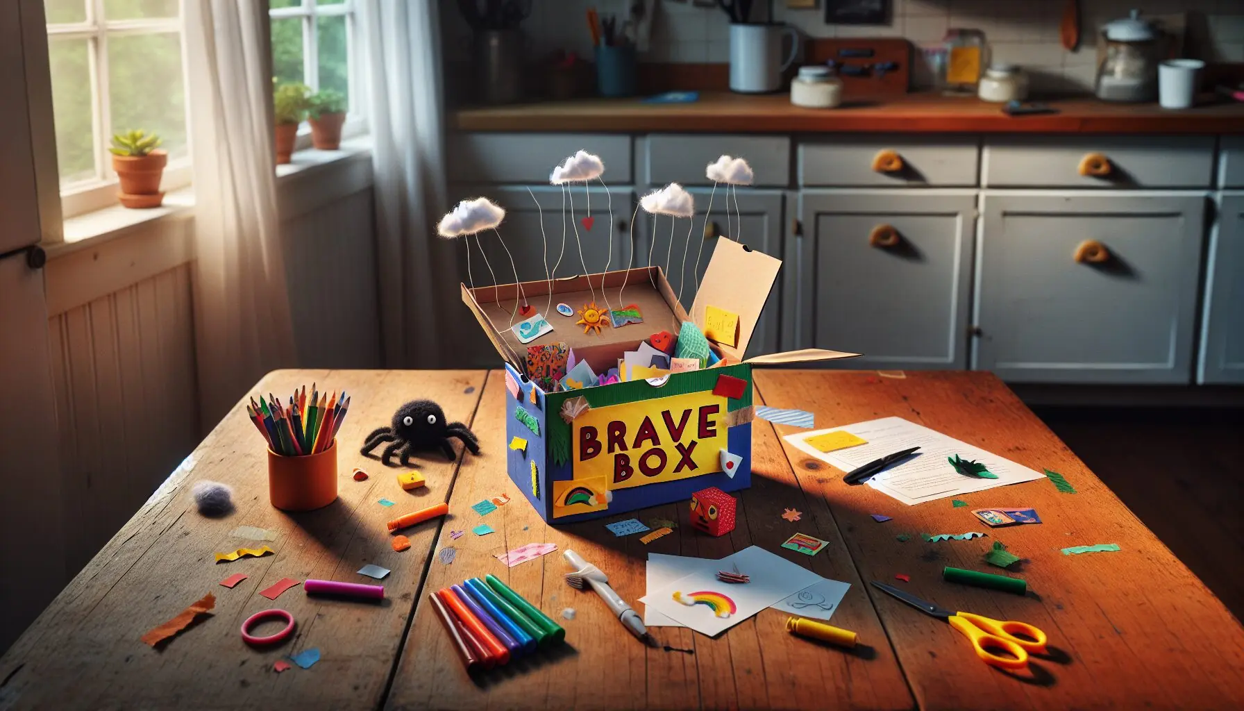 Generate an image of a colorful, child-decorated shoebox filled with small paper notes and toys.