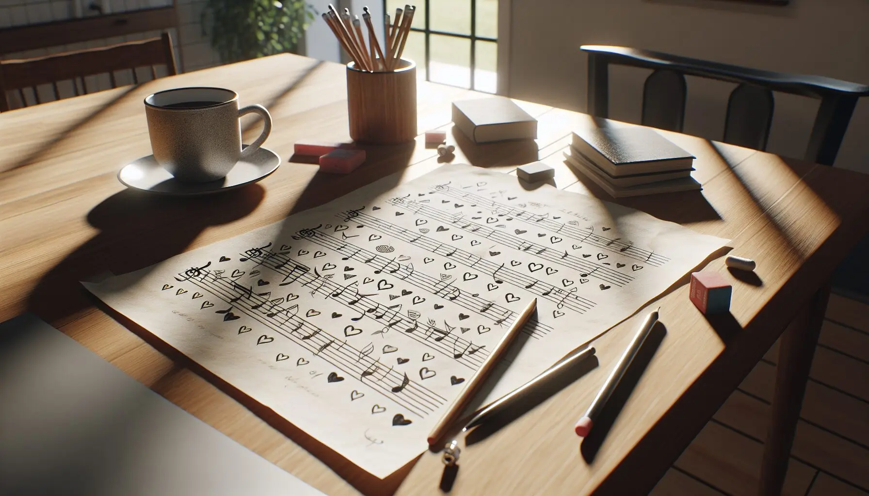 Generate an image of a simple sheet music page with hearts and stars drawn around the staff.