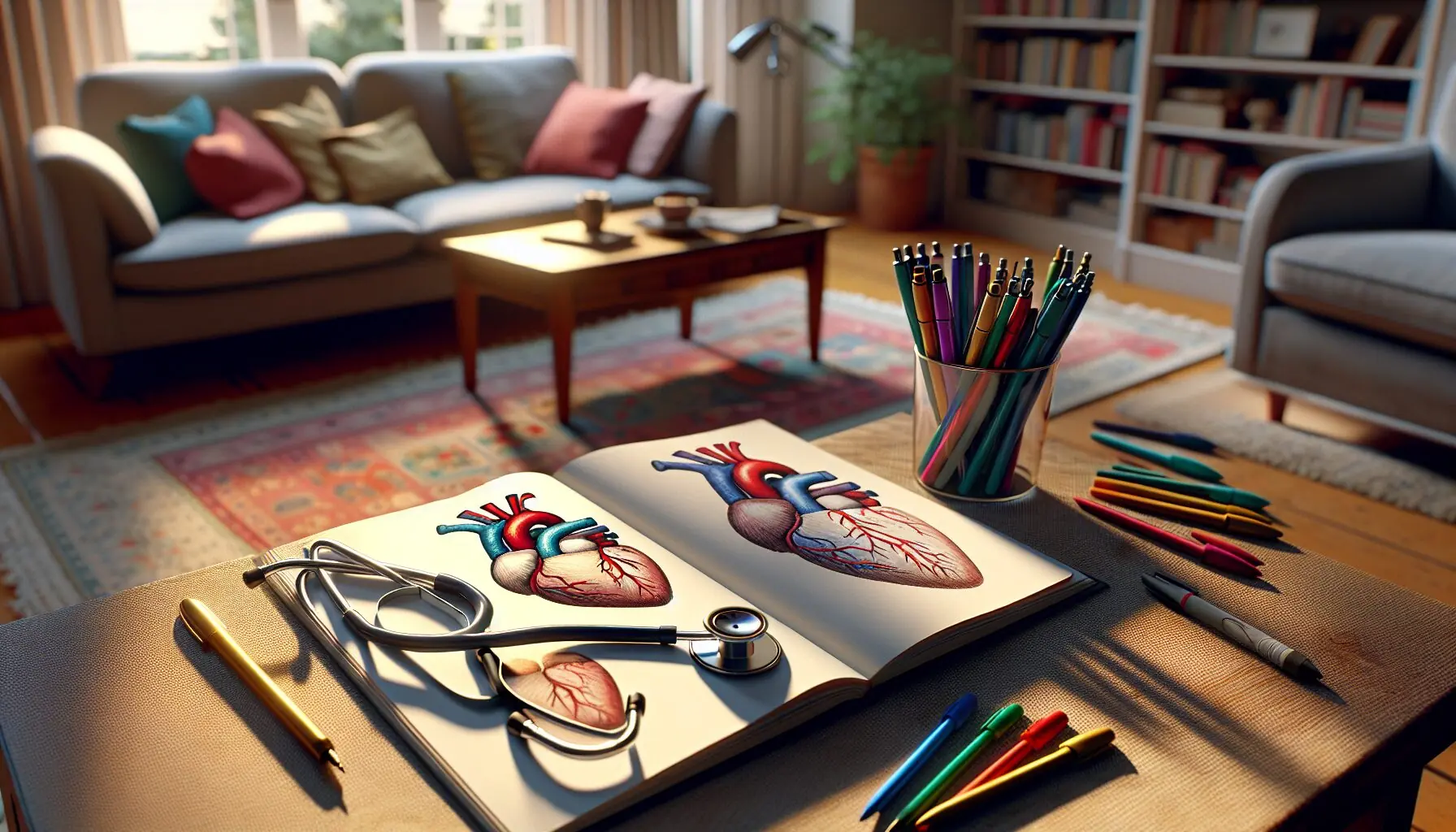 Visualize a group of cartoon-style hearts playing and interacting in a vibrant and imaginative world.