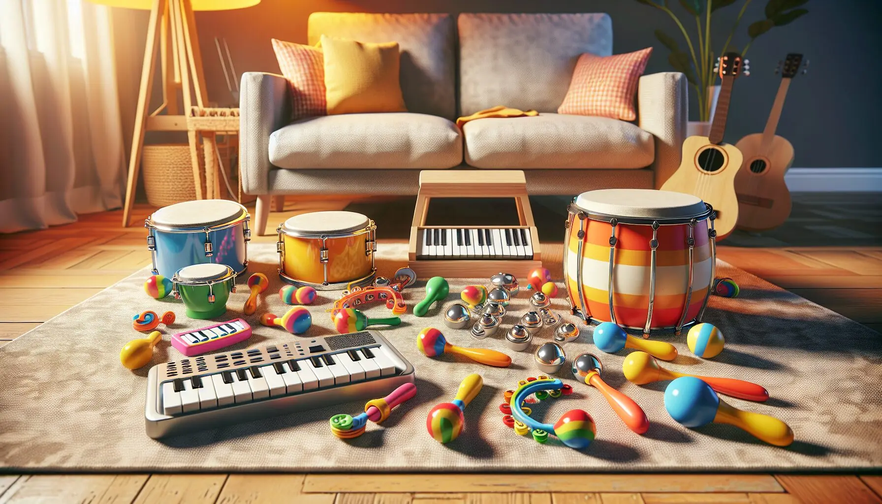 Generate an image of colorful children's instruments like tambourines and mini keyboards scattered playfully on a carpet.