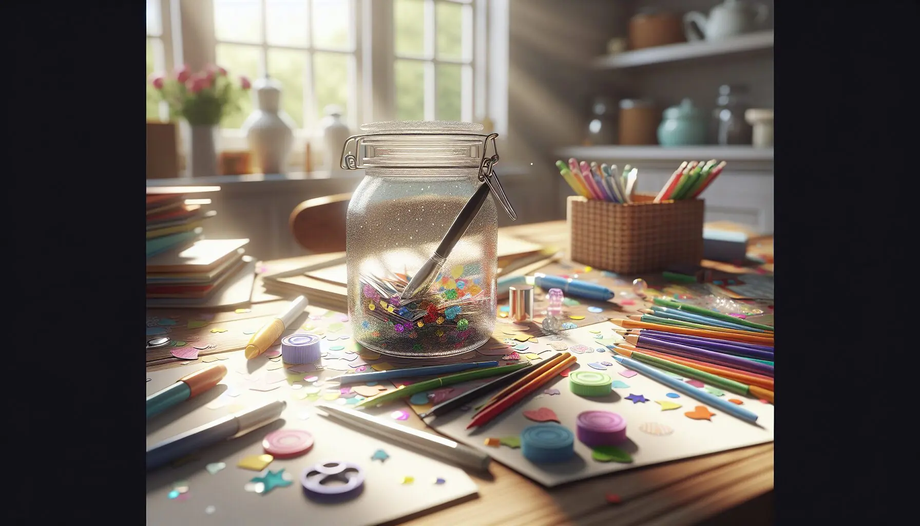 Generate an image of a decorated jar with colorful paper strips beside it.