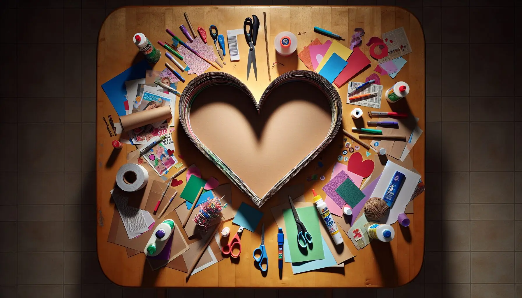 Generate an image of a large paper heart surrounded by cut-out magazine pictures and colored markers.