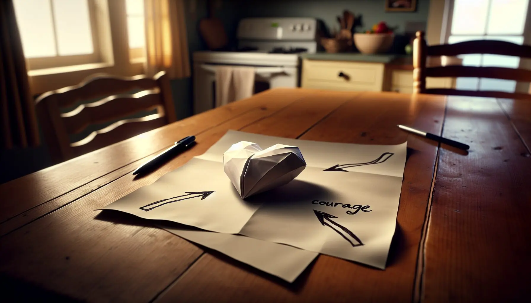 Generate an image of a paper heart with arrows pointing to keywords: Courage, Resilience.