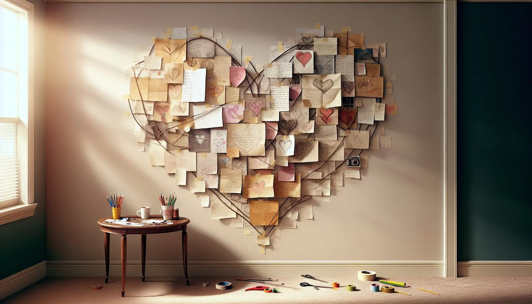 Generate an image of a heart collage displayed on a wall with handwritten notes and drawings around it.