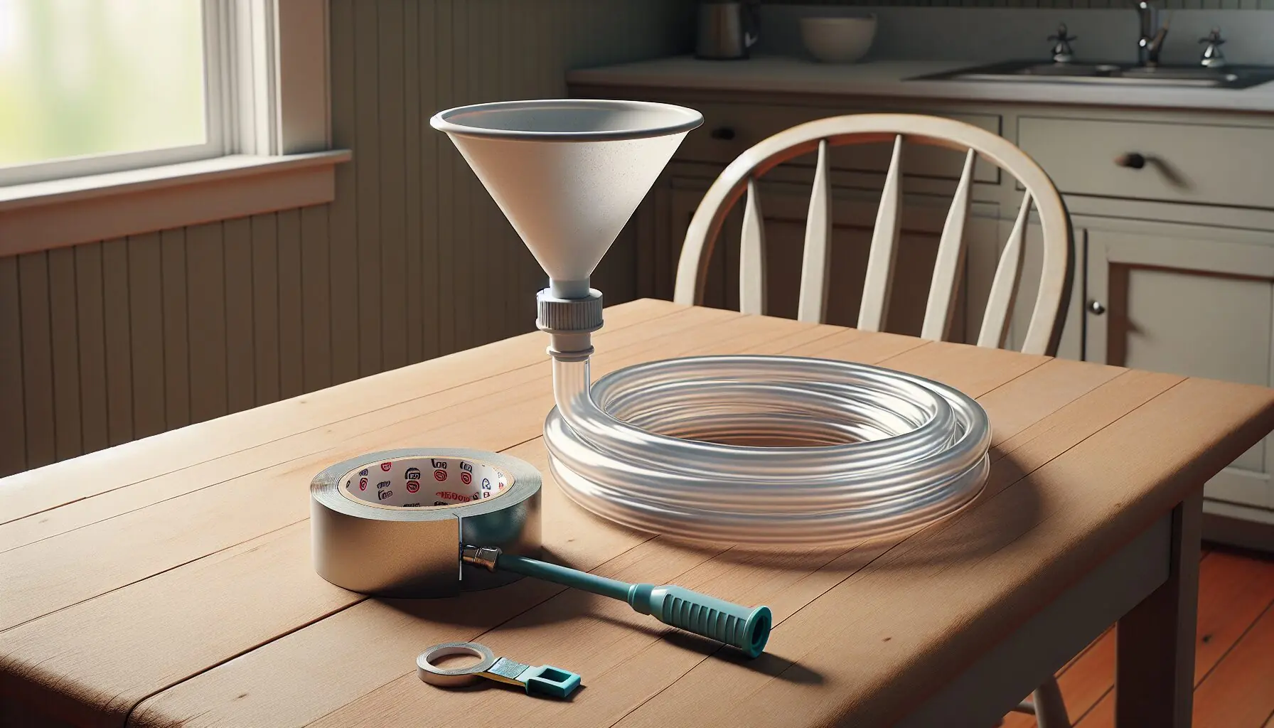 Create an image of a small funnel, plastic tubing, and duct tape laid out on a table.