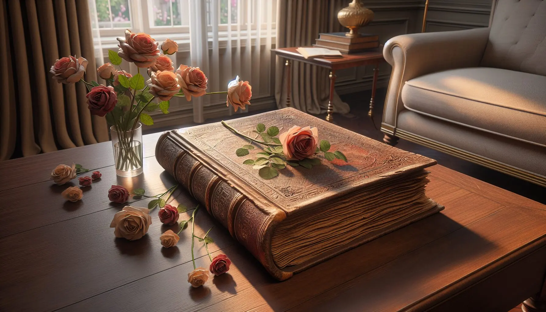 Generate an image of a vintage storybook with roses around it.