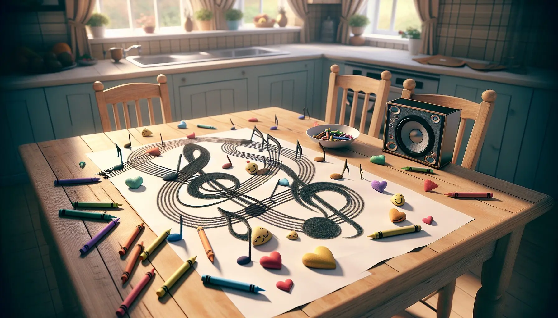 Generate an image of musical notes intertwined with symbols of emotions like hearts and smiley faces.