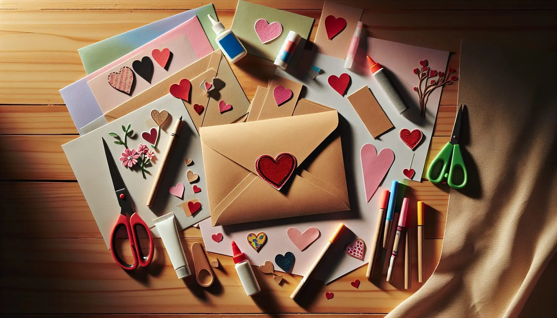 Generate an image of an envelope adorned with a heart sticker, surrounded by crafting materials for Valentine's Day.