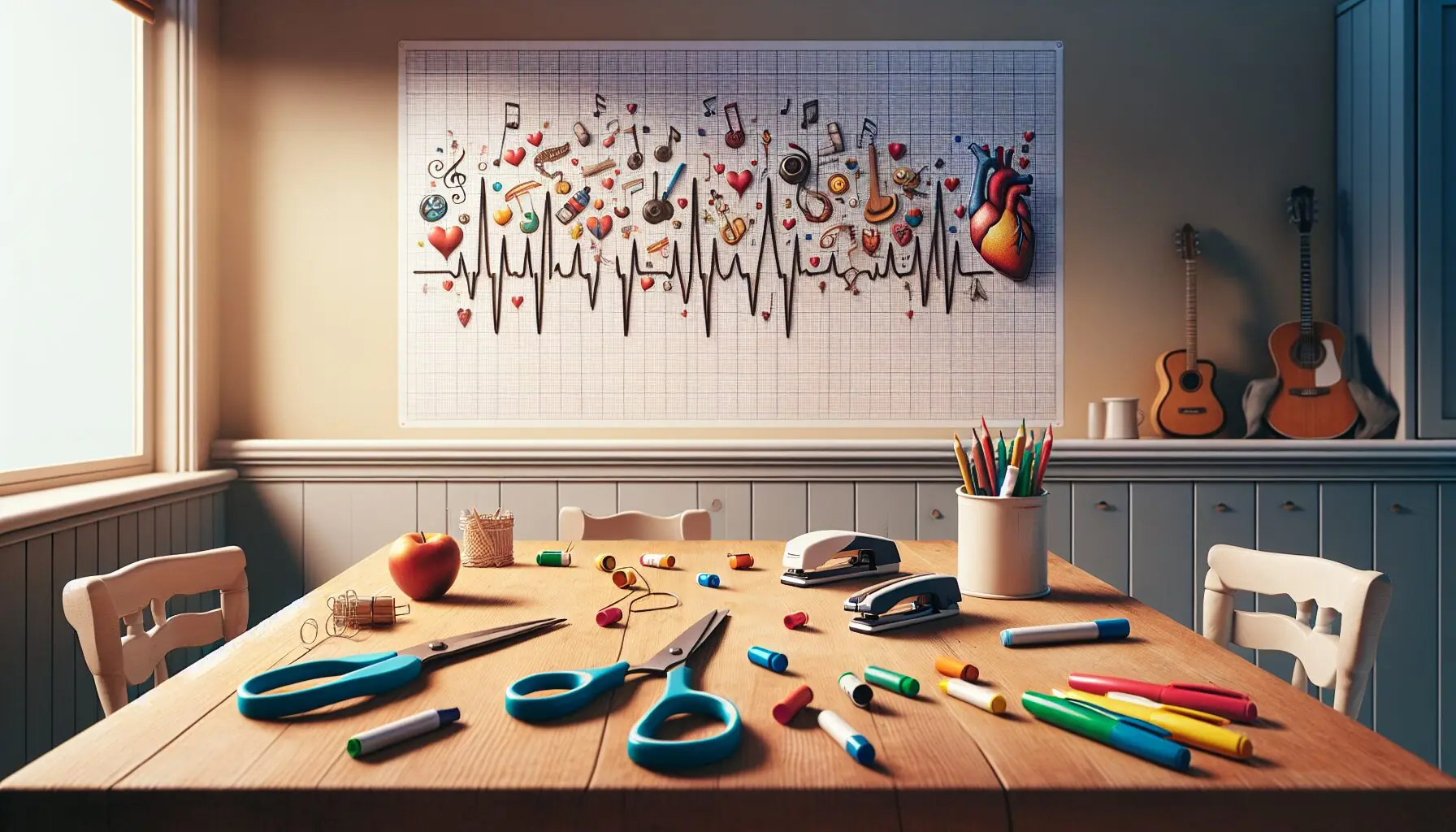Illustrate a playful chart showing heartbeats with fun drawings of musical notes and instruments.
