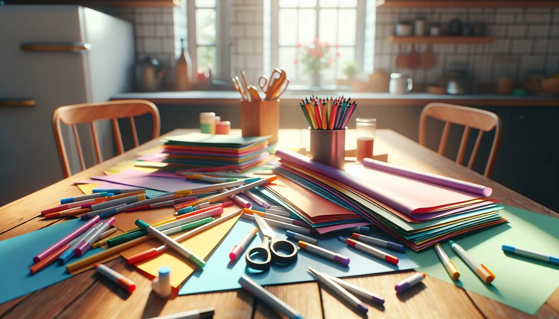 Generate an image of a table with colorful paper, markers, and scissors arranged neatly.