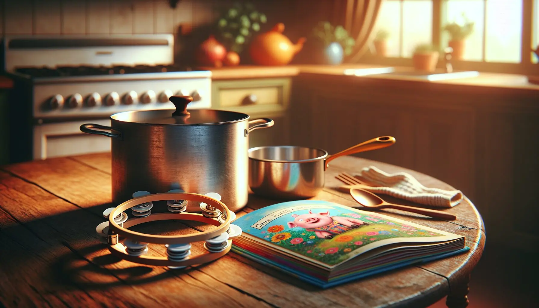 Generate an image of simple household instruments like a tambourine, pot, and pan next to a colorful children's storybook.