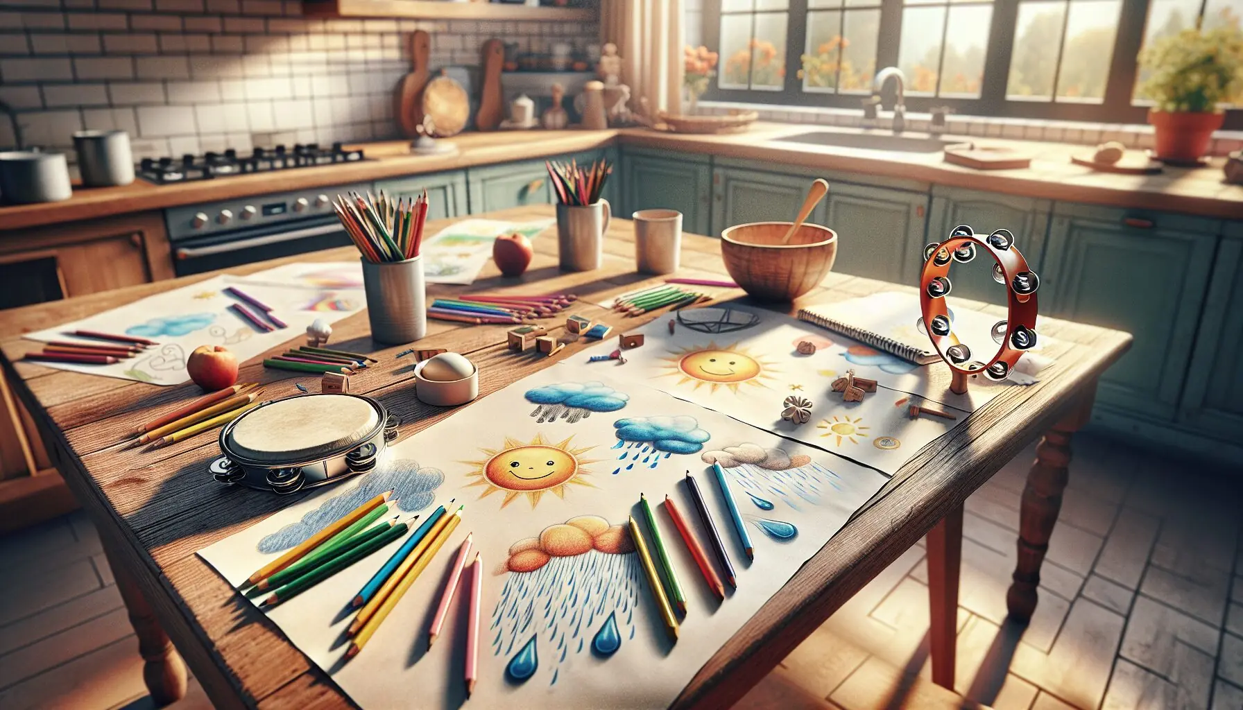 Generate an image of a table with colored pencils, a tambourine, and sheets of paper with weather drawings.