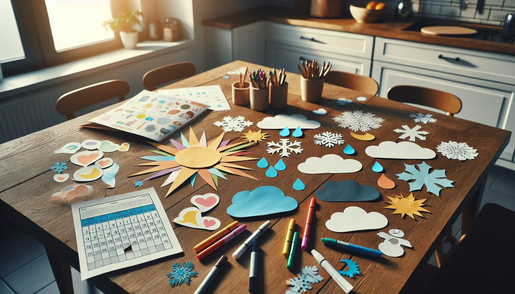 Create an image of various weather symbols cut out from paper: sun, cloud, raindrop, and snowflake.