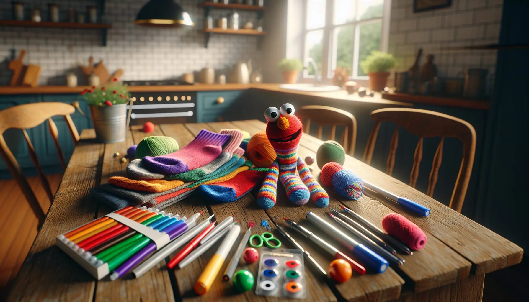 Create an illustration with colorful materials needed for puppet-making, such as socks, markers, and googly eyes.