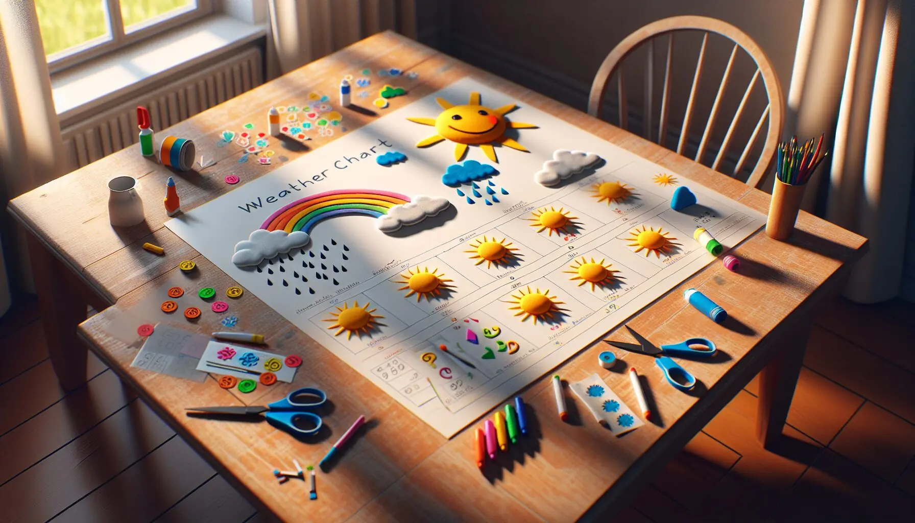 Produce an image of a home-decorated weather chart placed on a table, surrounded by simple art supplies.