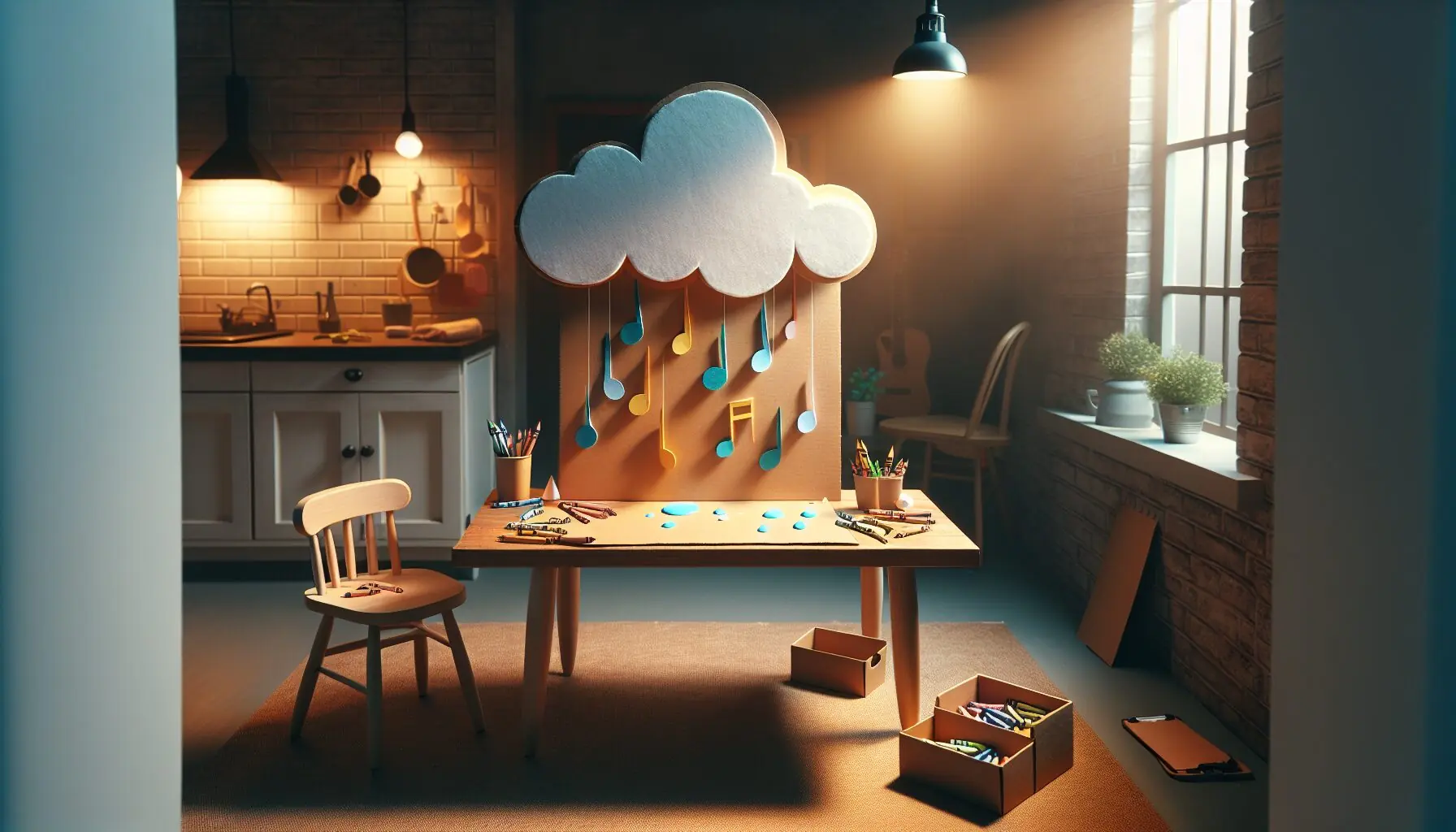 Generate an image of a raining cloud with musical notes falling like raindrops.