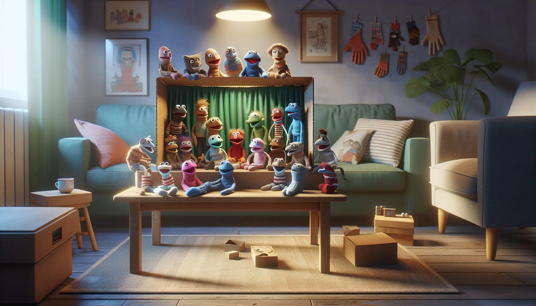 Illustrate a child and parent sharing smiles while creating and playing with their handmade puppets.