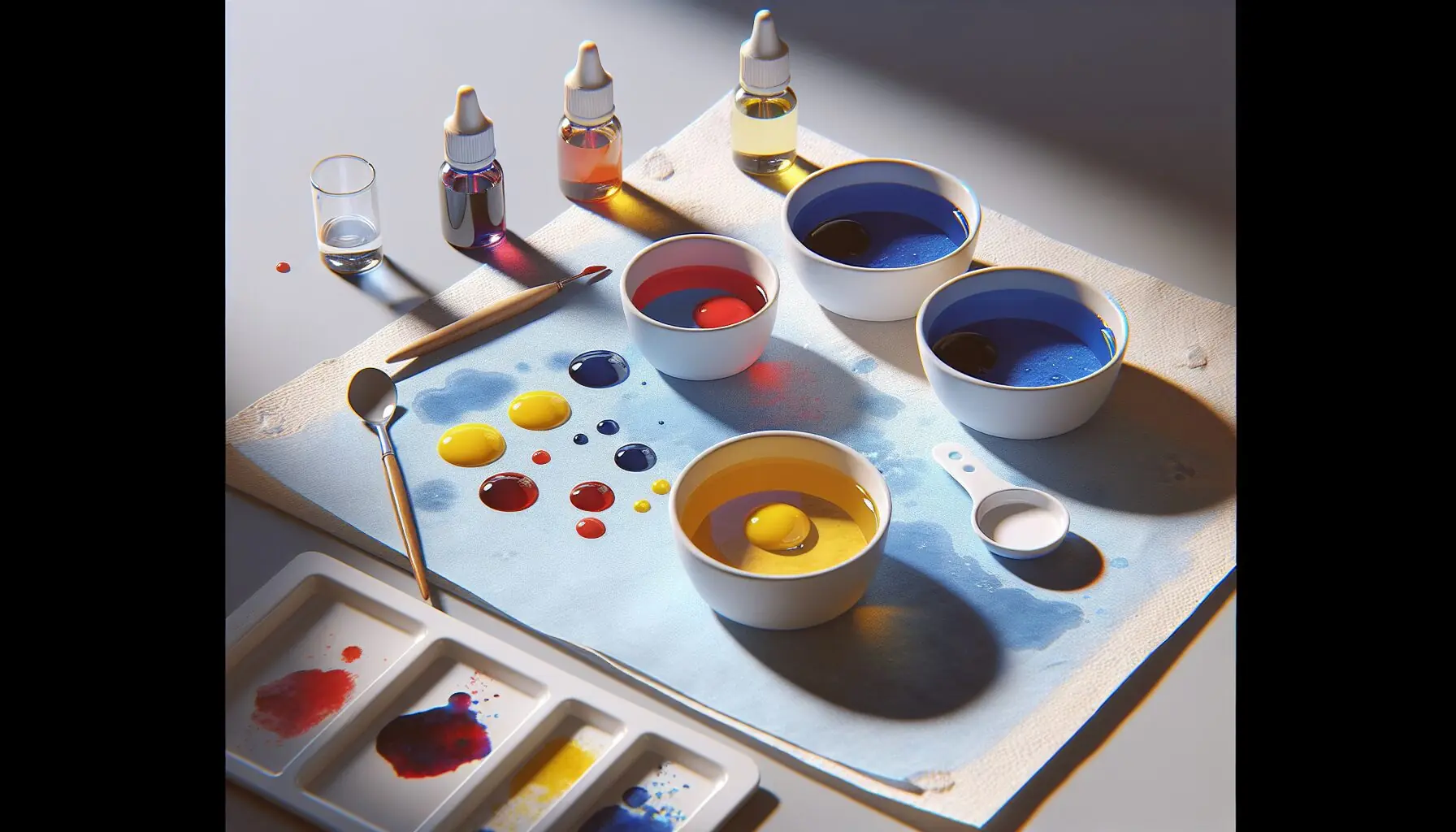 Create an image of children experimenting with color mixing, showing bowls, droppers, and various shades on a white surface.