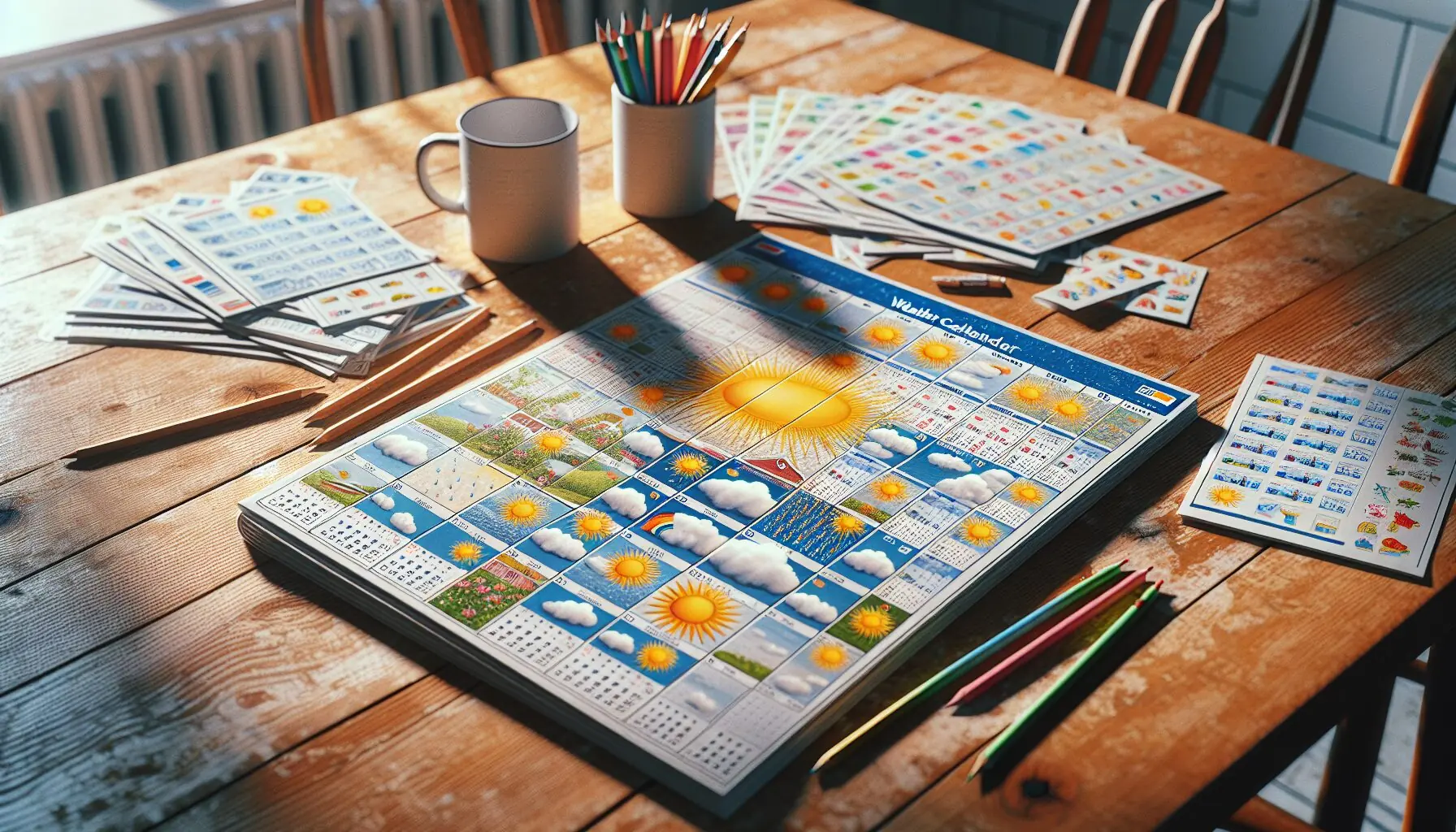 Generate an image of a child holding a vibrant weather calendar with colorful weather stickers.