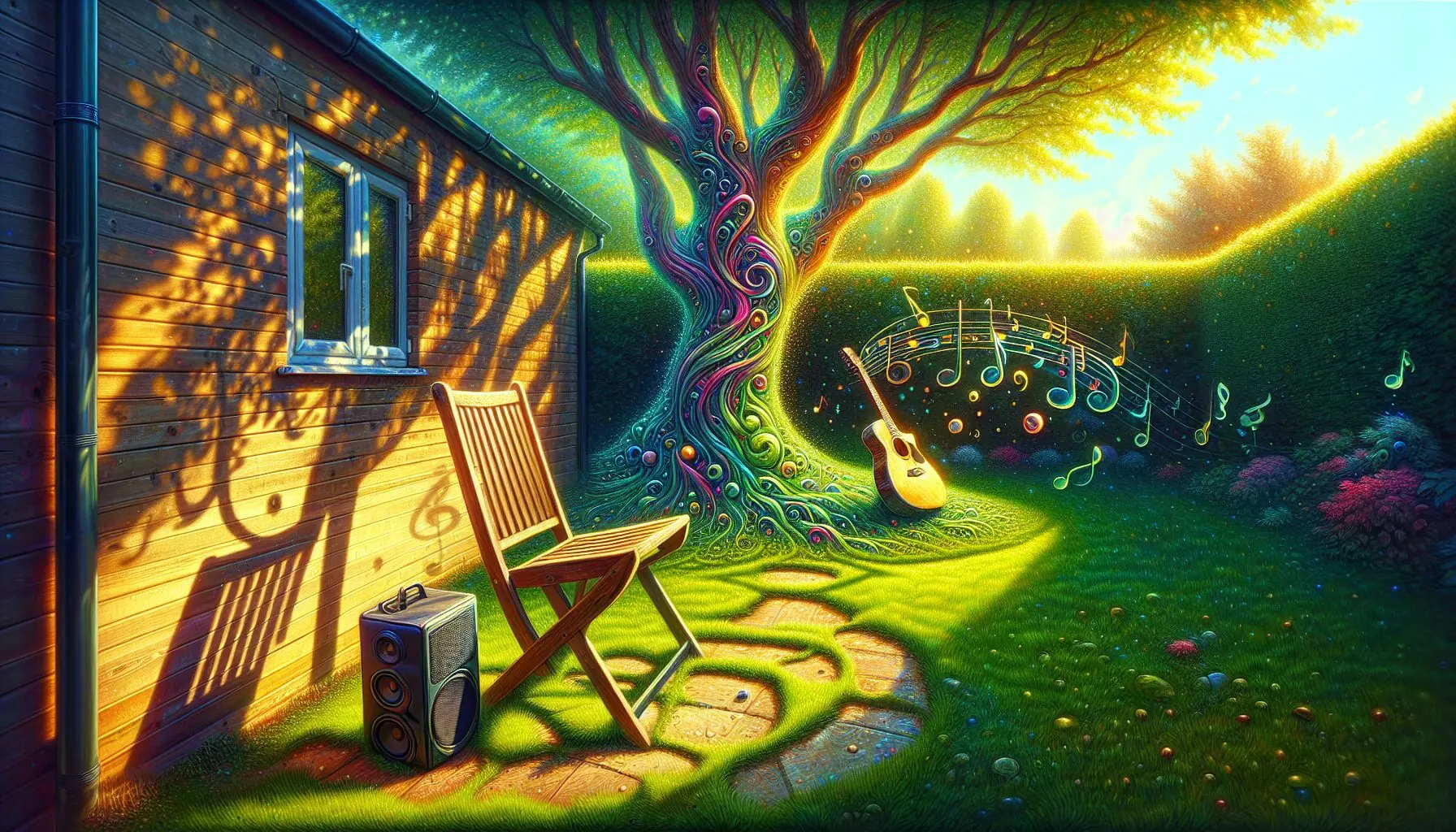 Generate an image of a sunny setting with music symbols floating around in a playful, artful manner.