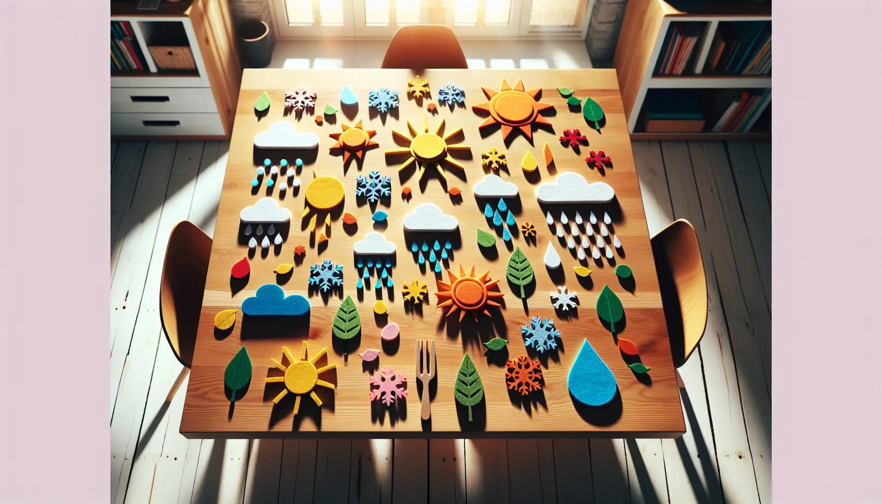 Illustrate an engaging pattern featuring weather symbols and playful elements that suggest fun and exploration.