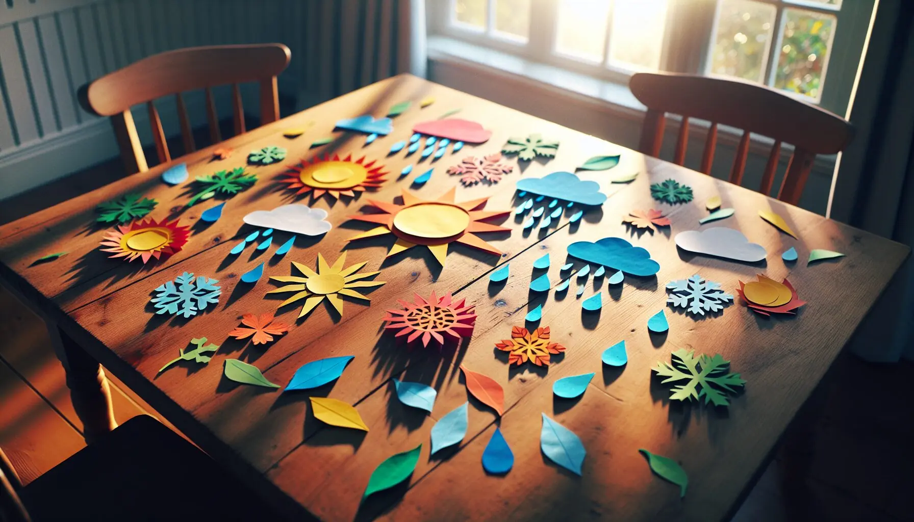 Generate an image of an illustration that creatively combines sunshine, raindrops, snowflakes, and leaves in a whimsical pattern.