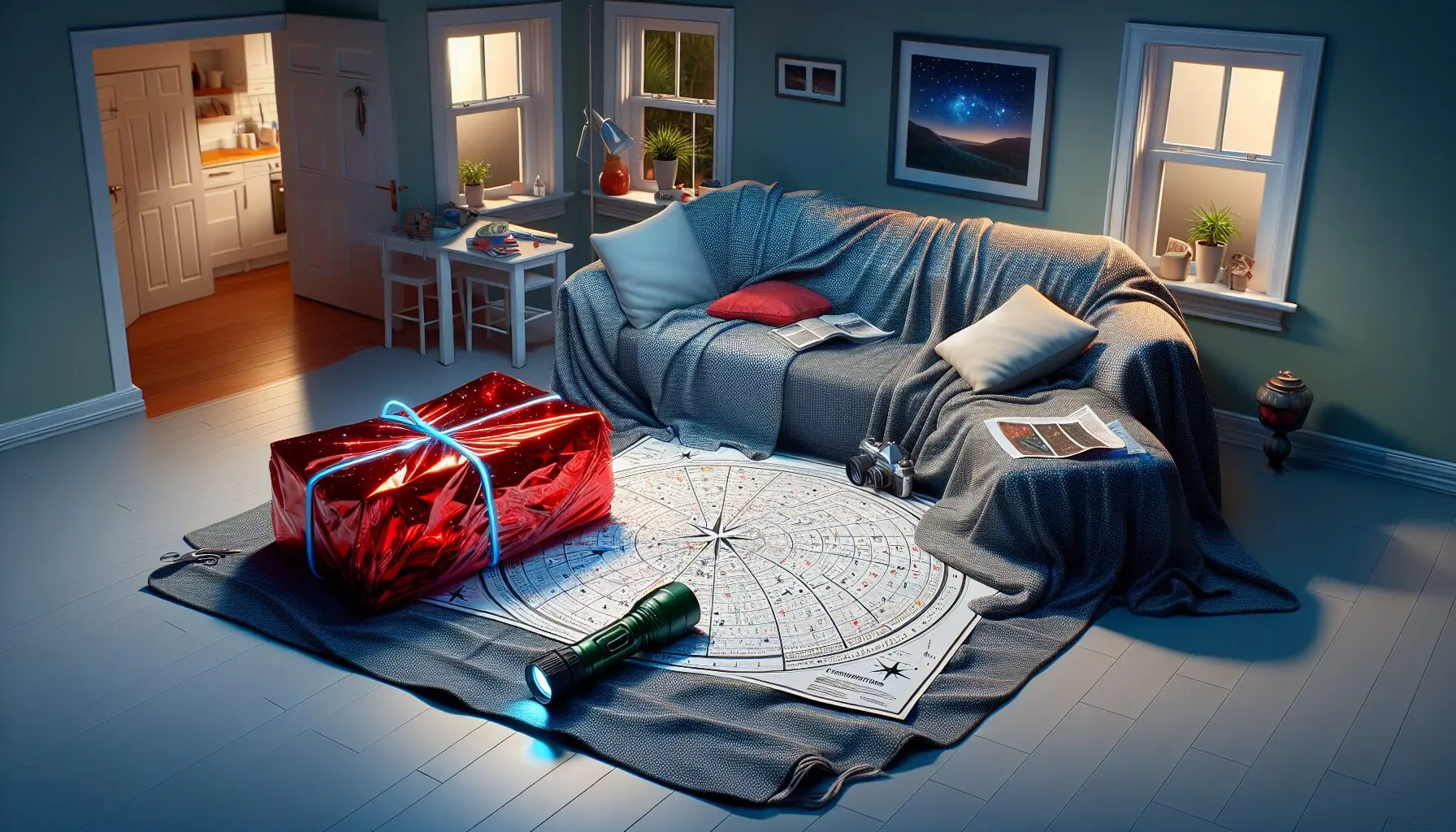 Create an image of a star chart alongside a flashlight wrapped in red cellophane on a cozy blanket.