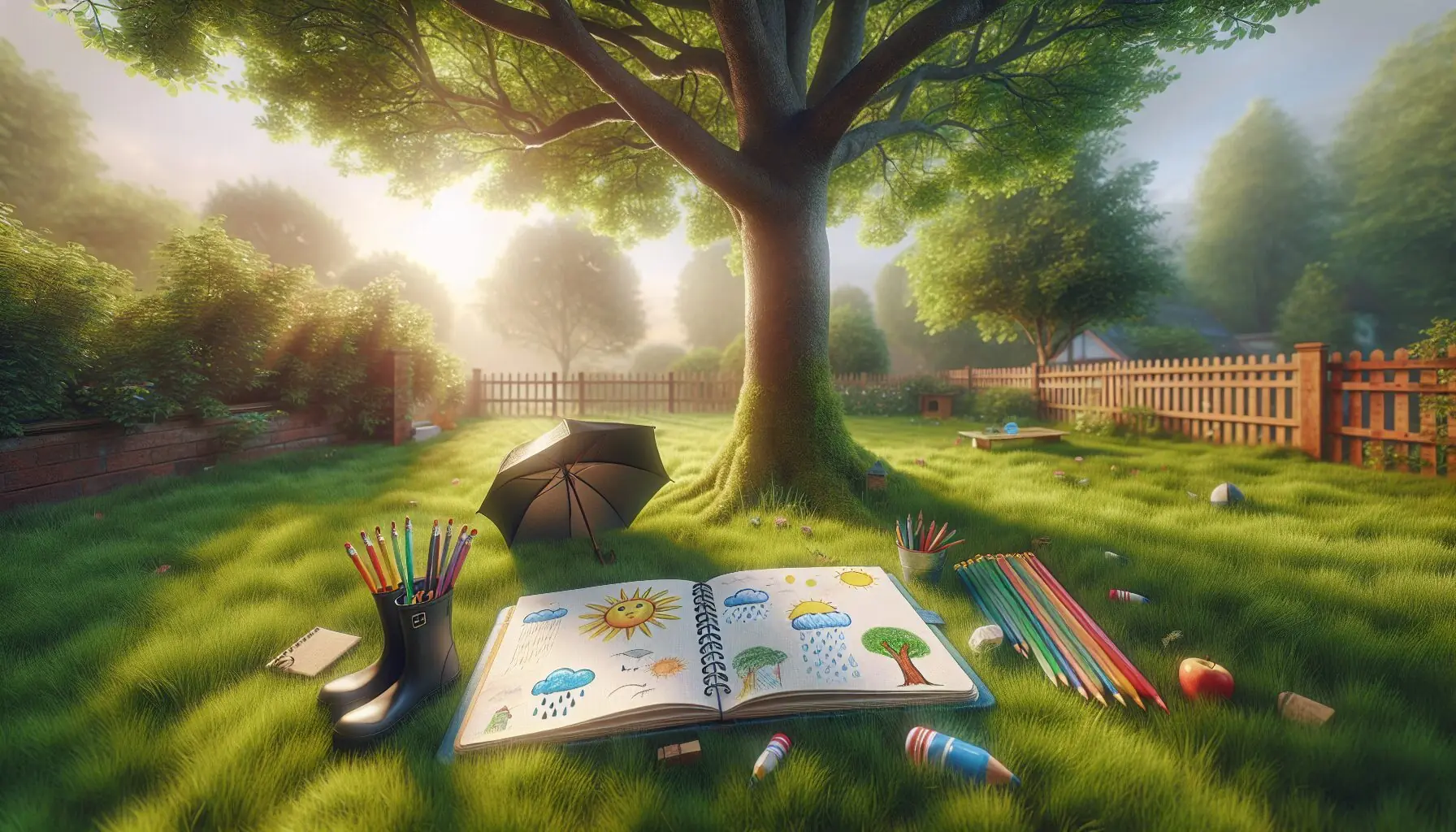 Depict an image of a child drawing in a weather journal under a tree, surrounded by various weather elements like sun and rain.