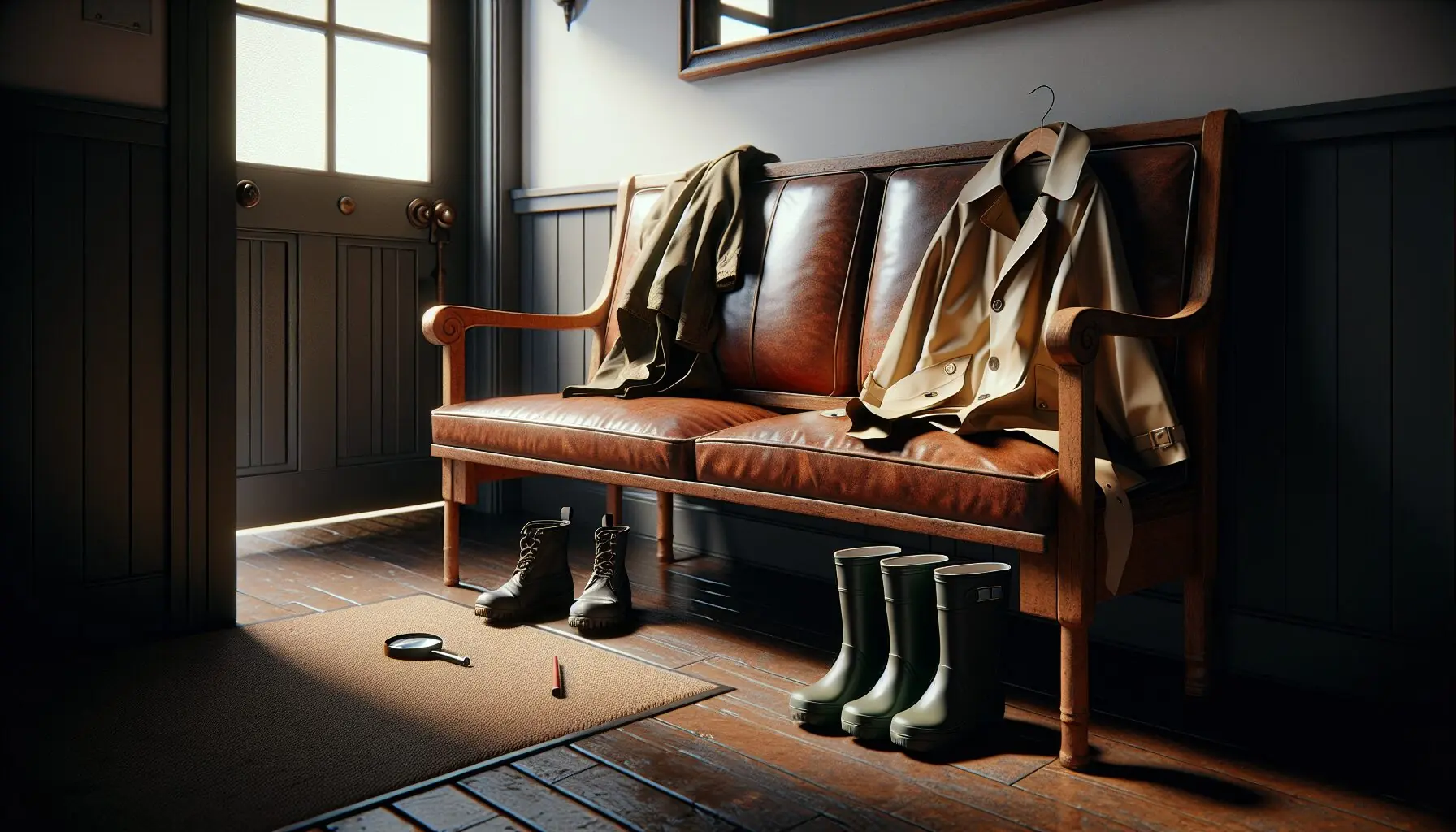 Create an image showing a child's raincoat, wellies, and a magnifying glass laid out on a home entryway bench.