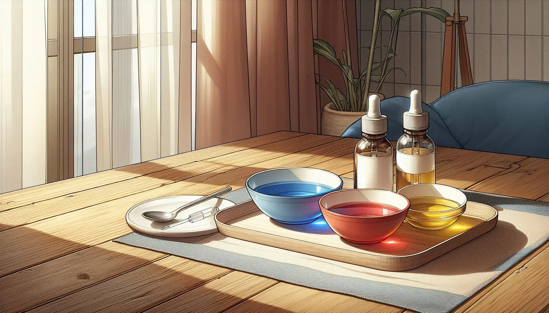 Generate an image of three small bowls filled with red, blue, and yellow water, surrounded by a dropper and a white plate.