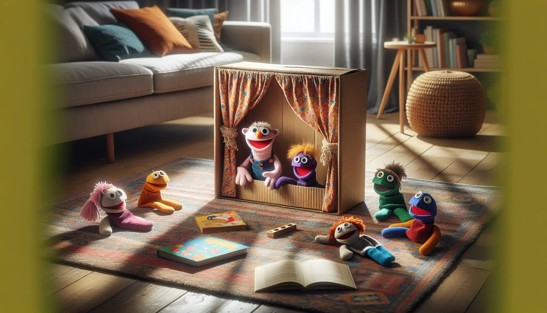 Design an image showing an animated puppet performance scene with playful expressions and added elements like confetti.